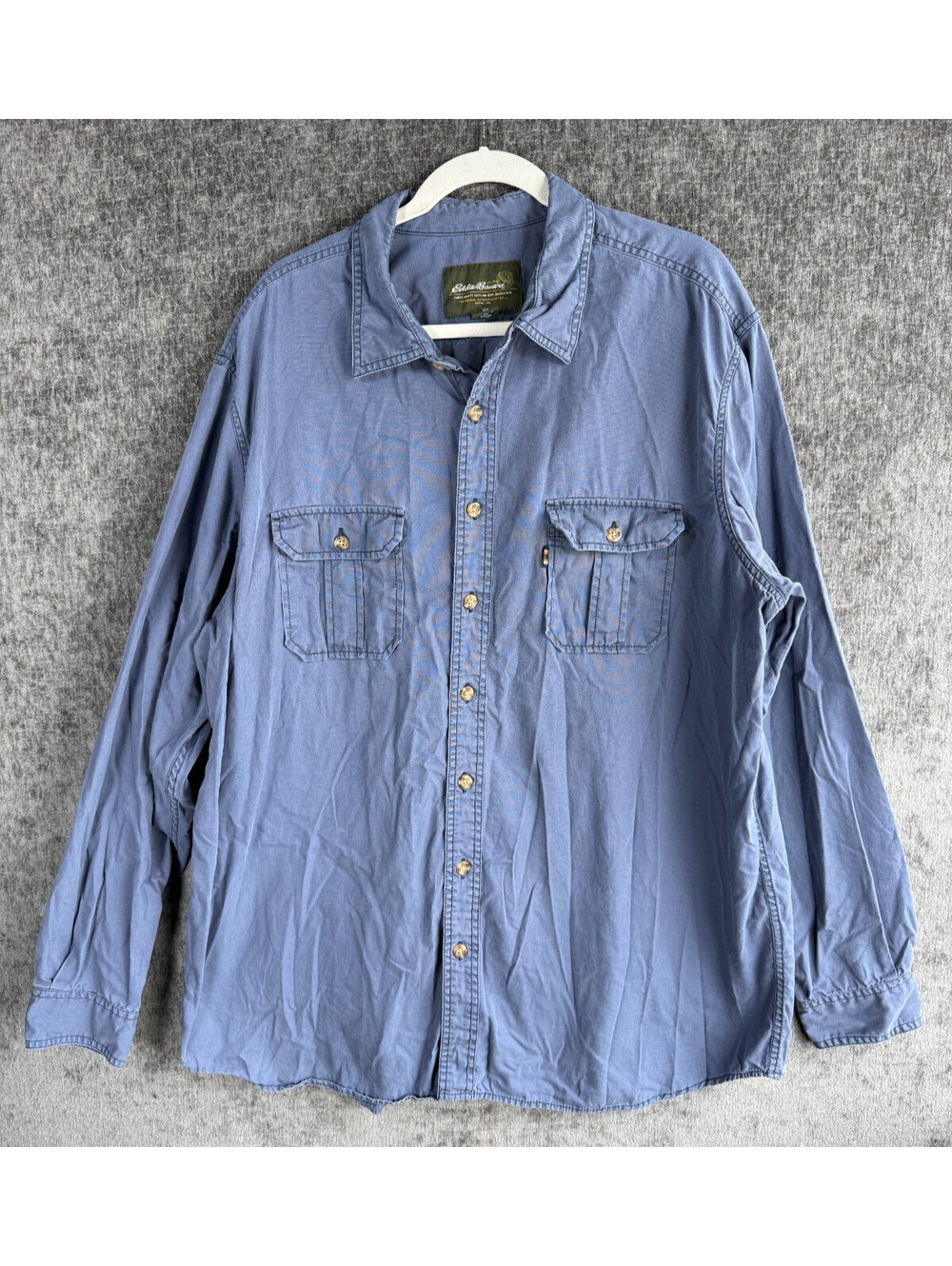 Vintage Eddie Bauer Mens XXL Tall Blue Canvas Work Shirt Button Up Cotton Heavy